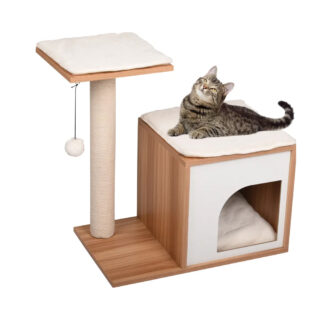 katten paal met houten kubus en ligbed met kat