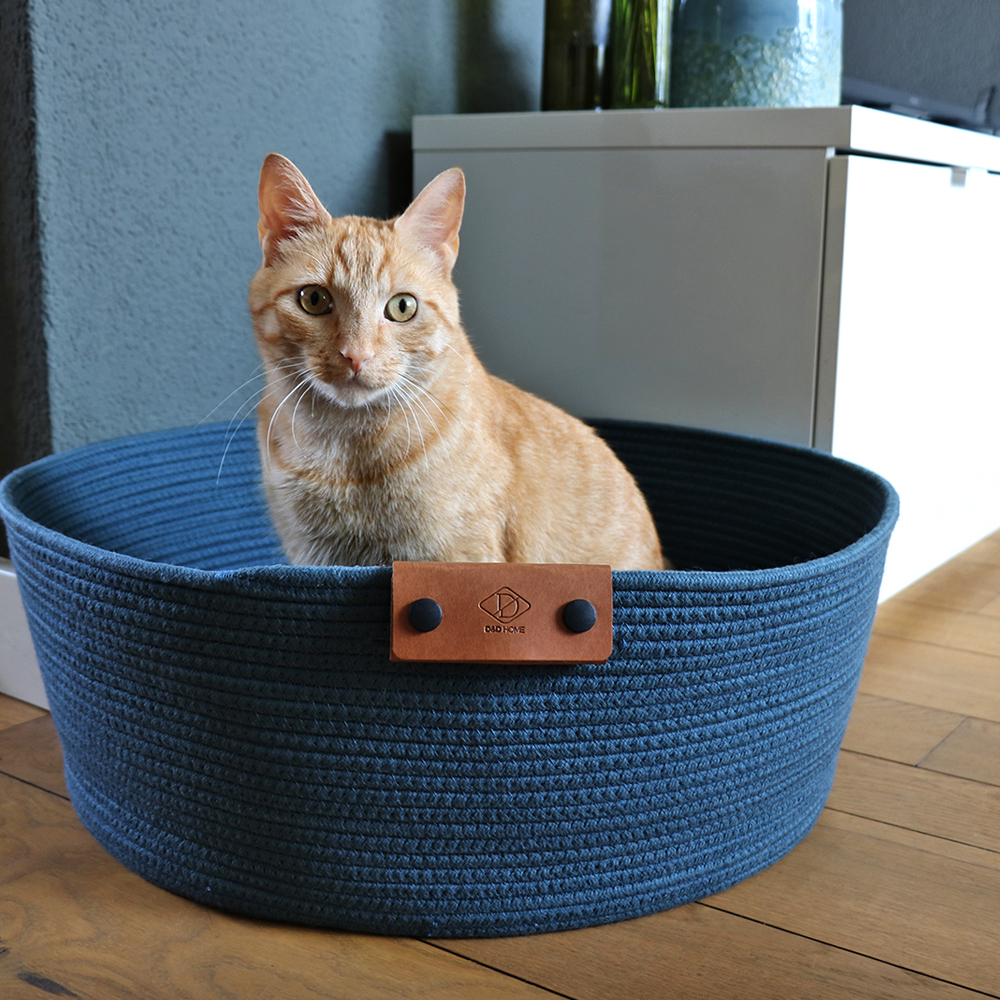 blauwe kattenmand met oranje kat erin