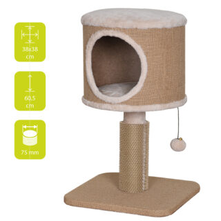 naturel kleurige kattenpaal met huisje en speelbal en specificaties