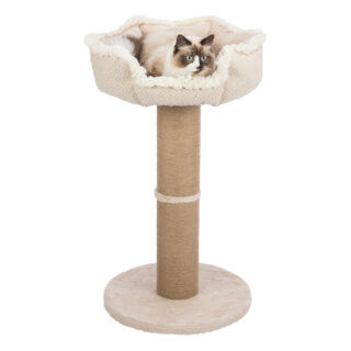 beige krabpaal met boho kattenmand erop en kat erin