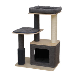 design krabpaal met kattenhuizen en kattenmand voorzien van zichtbaar hout en interieurstof